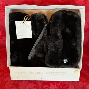 House of Harlow 1960 black faux fur flip top mittens and wristlet in a box